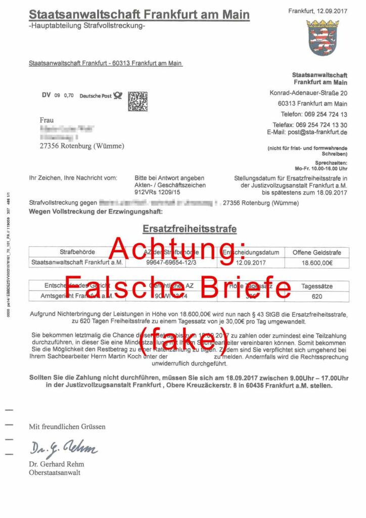 Fake Brief von Staatsanwaltschaft Deutschland 2023